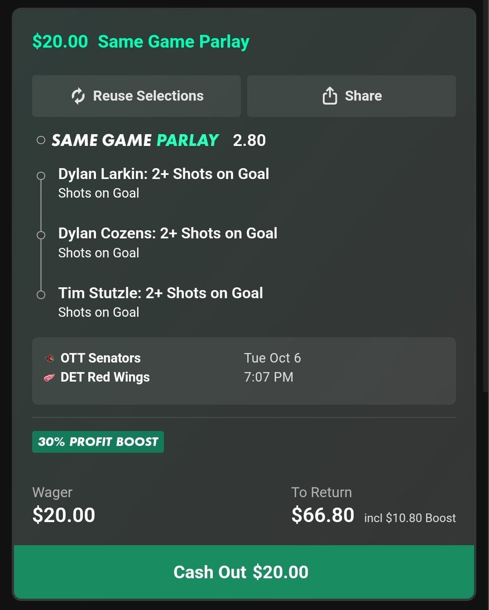 BOBhy623's tweet photo. NHL PARLAY +30% BOOST
OTT @ DET🚨

STUTZLE 2S⭐️
L4/5 GAMES VS DET
L16/20 GAMES

COZENS 2S⭐️
L8/10 GAME VS DET
L16/20 GAMES

LARKIN 2S⭐️
L7/8 GAMES VS OTT
L16/20 HOME GAMES https://t.co/o9SFatNrqy