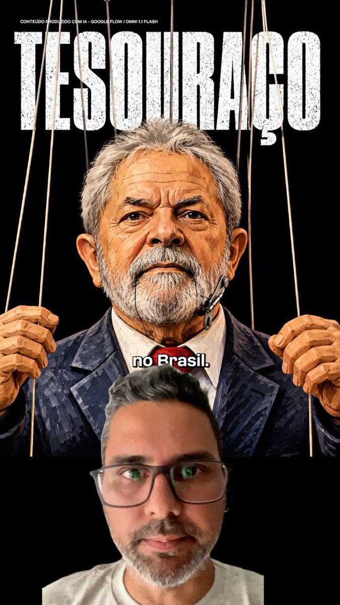 A political graphic with the title 'TESOURAÇO' featuring a puppet-like illustration of an older man with scissors near his tie, with a photograph of a man with glasses below and the text 'no Brasil.'