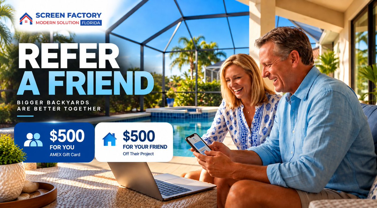 FactoryScreen's tweet photo. Know someone planning a new screen enclosure or outdoor upgrade? 👀

Refer them to Screen Factory Florida — they get $500 off, and you get a $500 AMEX Gift Card when the qualifying project is completed.
https://t.co/TanYLesdqE https://t.co/Zlzn9omwOZ