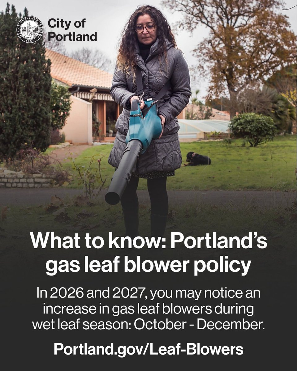 PortlandGov's tweet photo. Wet leaf season is here, and Portlanders are allowed to use gas leaf blowers now through the end of December as part of a phased approach. Starting in 2028, gas leaf blowers will be banned year-round.

Switching to electric equipment now will benefit our local environment and improve quality of life for workers and neighbors. However, this year and in 2027, Portland’s gas leaf blower policy permits gas blowers during the wet leaf season: October through December.

Small businesses may be eligible for an electric leaf blower replacement as part of the Portland Electric Landscaping Initiative offered by the Pollution Prevention Resource Center and the Portland Clean Energy Community Benefits Fund (PCEF).

https://t.co/jK02wcek1i

#Portland #LeafBlowers
