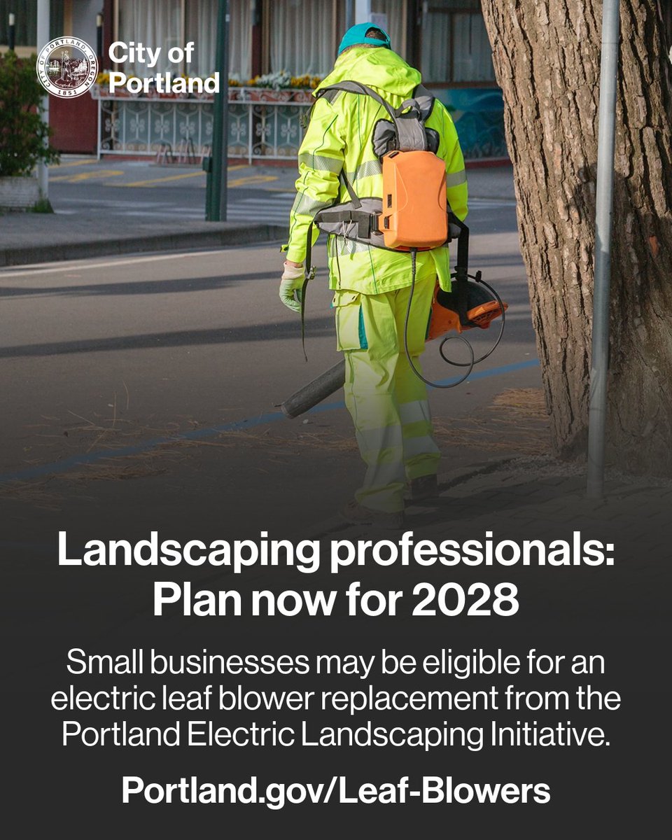 PortlandGov's tweet photo. Wet leaf season is here, and Portlanders are allowed to use gas leaf blowers now through the end of December as part of a phased approach. Starting in 2028, gas leaf blowers will be banned year-round.

Switching to electric equipment now will benefit our local environment and improve quality of life for workers and neighbors. However, this year and in 2027, Portland’s gas leaf blower policy permits gas blowers during the wet leaf season: October through December.

Small businesses may be eligible for an electric leaf blower replacement as part of the Portland Electric Landscaping Initiative offered by the Pollution Prevention Resource Center and the Portland Clean Energy Community Benefits Fund (PCEF).

https://t.co/jK02wcek1i

#Portland #LeafBlowers