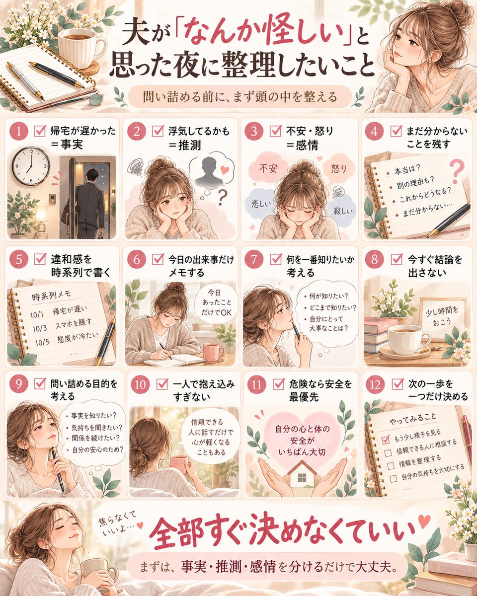 16HGTK's tweet photo. 「夫が怪しい」
そう思った瞬間から、頭の中って一気に散らかる。
でも、全部すぐ決めなくていい。
問い詰める前に整理したいことを12個にまとめました。
あとで見返せるように保存しておいてください。 https://t.co/K2NO9E8yf5