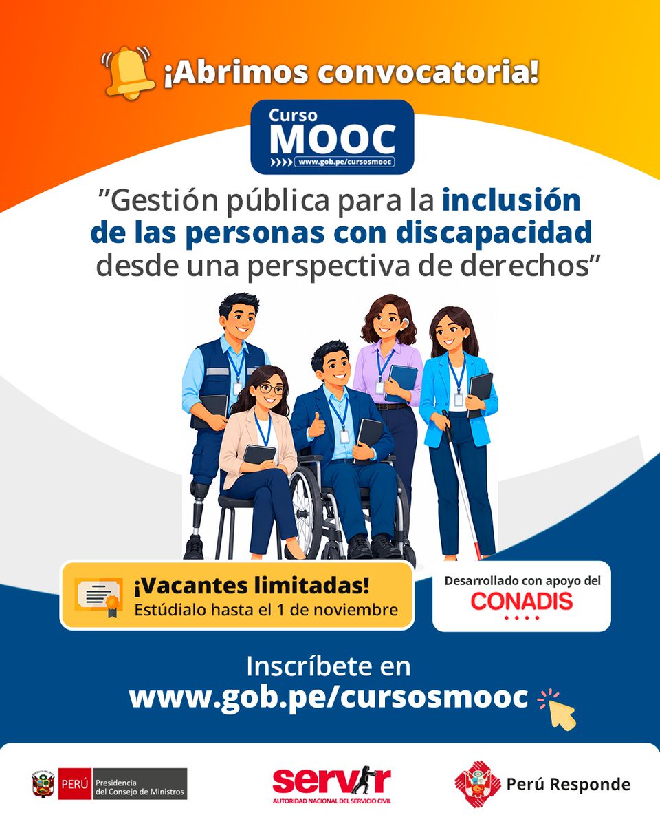 SERVIR_PERU's tweet photo. 🔔 ¿Quieres aprender a promover una verdadera inclusión?

📌 Te invitamos a participar en el curso MOOC: "Gestión pública para la inclusión de las personas con discapacidad desde una perspectiva de derechos".

📝 Inscríbete ahora mismo en: https://t.co/Ax2yUBkfsQ https://t.co/6JqmFqf2At