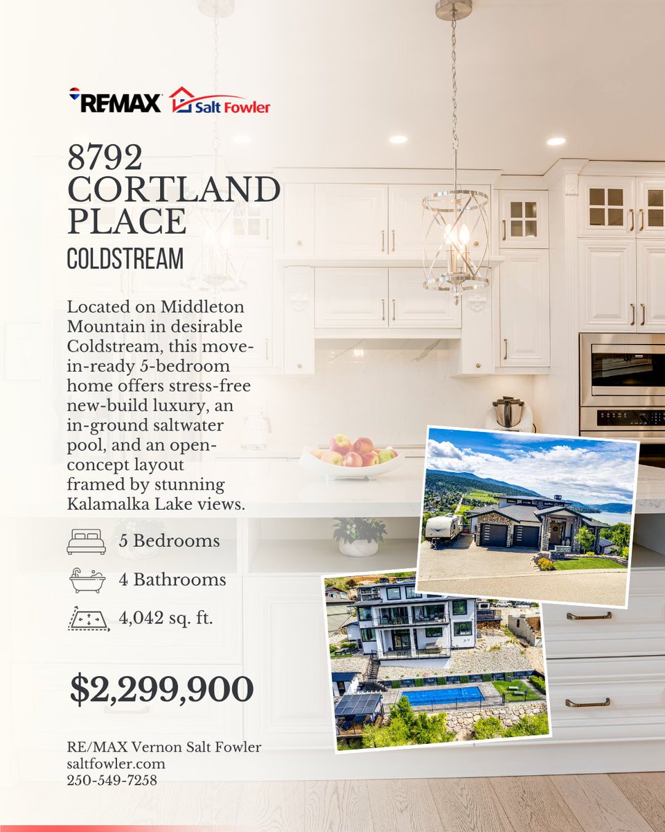SaltFowlerBC's tweet photo. β¨ A Coldstream luxury haven where saltwater pool living, Kalamalka Lake views, and effortless move-in ease come together.
π 8792 Cortland Place
π² $2,299,900
#JustAddSalt #SaltFowler #RemaxVernon #VernonRealtor #VernonRealEstate https://t.co/9ee5diIuMu