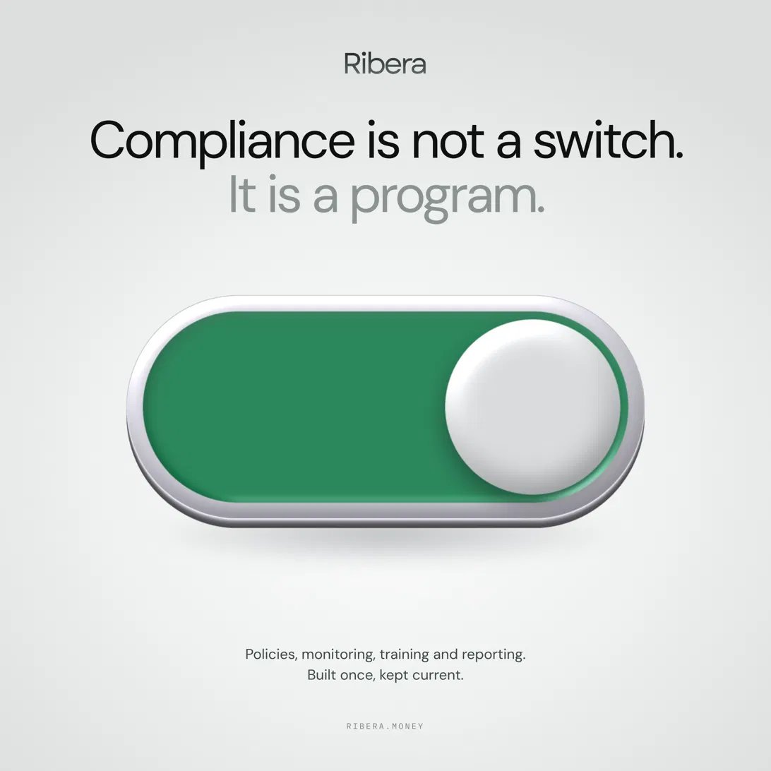 ribera_money's tweet photo. Your compliance program, ready for your banking partner.

Ribera sets up the policies, the monitoring and the reporting flows, then keeps them current as you add products and countries.

One team, from license to bank account. https://t.co/Z3MK425a6p