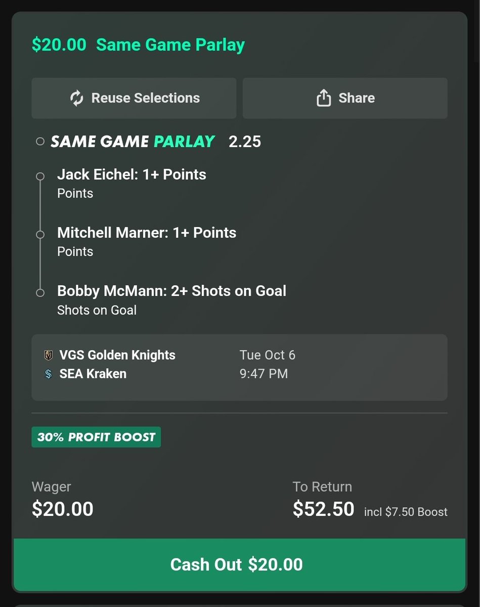 BOBhy623's tweet photo. NHL PARLAY +30% BOOST
VGS @ SEA🚨

EICHEL 1P⭐️
L15/20 SEASON GAMES
L9/10 GAMES VS SEA

MARNER 1P⭐️
L14/20 SEASON GAMES
L9/10 GAMES VS SEA

MCMANN 2S⭐️
L16/20 GAMES
7/8 GAMES VS VEGAS https://t.co/FMLdXc7jQ6