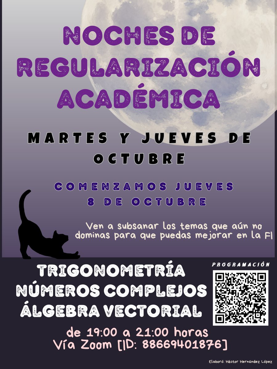 FIUNAM_MX's tweet photo. Noches de regularización académica, de la División de Ciencias Básicas de la #FIUNAM. 
Trigonometría, números complejos, álgebra vectorial.
📅 Martes y jueves de octubre / Inicio: 8 de octubre
⏰ De 19:00 a 21:00 horas
💻 Vía Zoom (ID: 88669401876)
Consulta la programación en el código QR 👇
#DCB