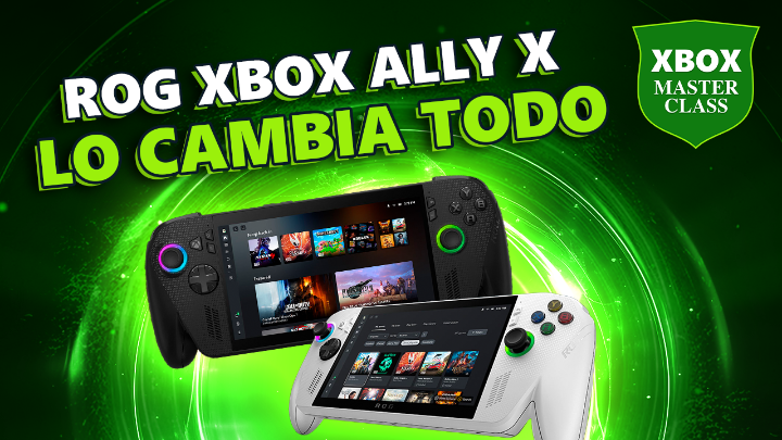 A promotional image showcases two ROG Xbox Ally X handheld gaming devices (in black and white) displaying the Xbox game library on their screens, set against a vibrant green background with bold text reading "ROG XBOX ALLY X LO CAMBIA TODO" alongside an "XBOX MASTER CLASS" badge, highlighting expert tips from Fran at 3BTechYT to maximize the device's standout features.