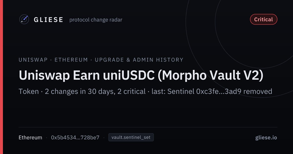 glieseio's tweet photo. Uniswap Earn uniUSDC (Morpho Vault V2) on Ethereum removed an allocator.
+5 related changes on 3 contracts in the same transaction
https://t.co/qlSyyeDa17 https://t.co/rRYKRdNjq9