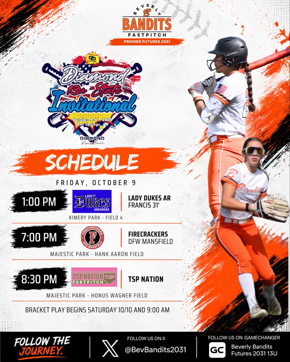 BevBandits2031's tweet photo. Hot Springs, we’re coming. 🧡🖤

The 13U Diamond State Invitational brings together some of the best teams in the country, and we’re ready for a weekend of high-level competition.

Pool play starts Friday. Let’s go, Bandits! 🥎 https://t.co/zE5HxDU5Md