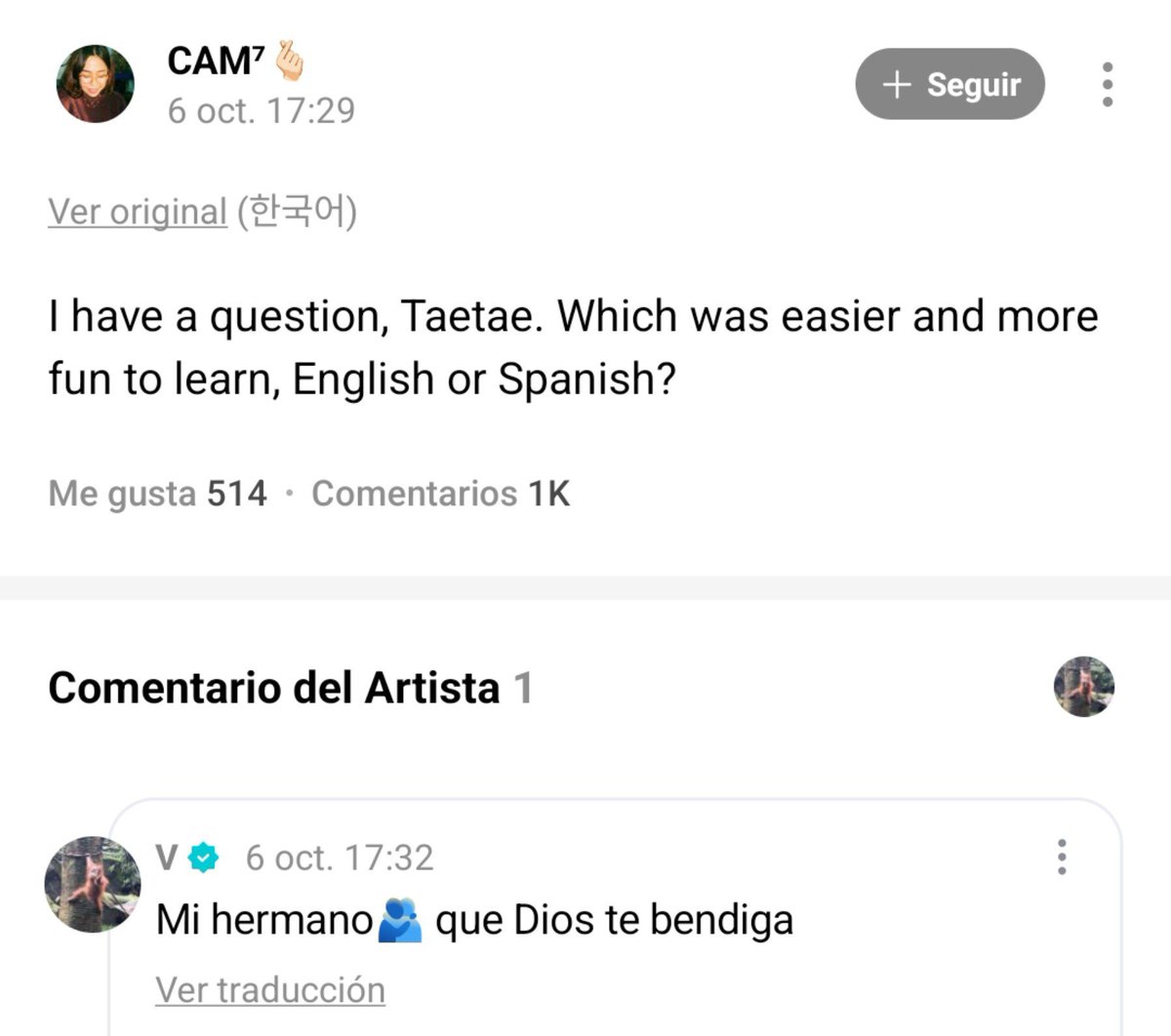 pjmIesviu's tweet photo. 💜: Tengo una pregunta, Taetae. ¿Qué fue más fácil y divertido de aprender, inglés o español?

🐻: Mi hermano que dios te bendiga 

AYUDAAAAAA ABEMUS TAEHYUNG SJJSJSJS 😭 https://t.co/ZszLSehuzX
