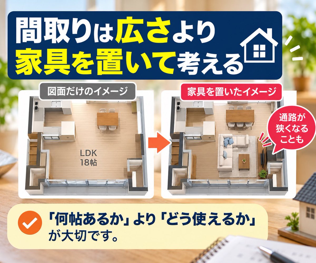 sumai_opinion's tweet photo. 間取り図を見るときは、家具を書き込んでみる🏠

ソファ、テレビ、ダイニングを置くと、通路の広さや暮らし方が見えてきます。

住宅営業をしてきた経験上、畳数だけでなく「実際にどう使えるか」の確認が大切です。

#間取り #住宅購入 https://t.co/OYxCPzUM9i