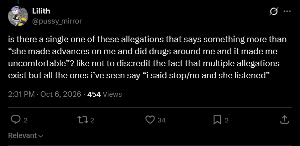 shyneoutkid's tweet photo. And to reiterate, yes these allegations are more than "she did drugs around me" or "she stopped when I said no"-- because 1. Maebi already gave her a NO months prior, 2. a lot of people were too inebriated to say no (ket/alc), 3. advances still implies these were SHarass at min. https://t.co/MW5Ua0jR0E