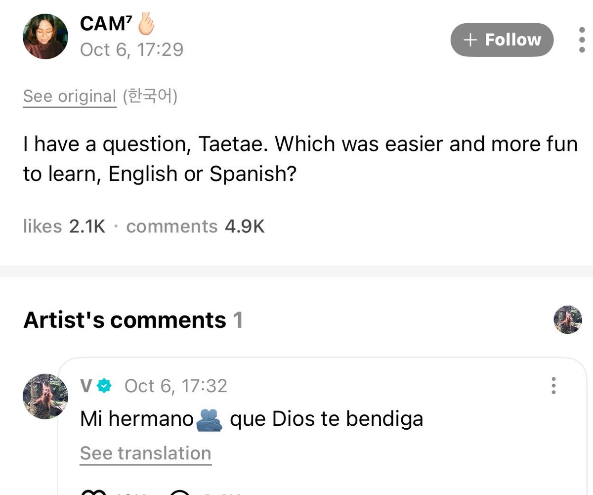 btschartsxdaily's tweet photo. #V via Weverse Comment 💜

“Mi hermano 🫂 que Dios te bendiga” https://t.co/sJaJDUezAu