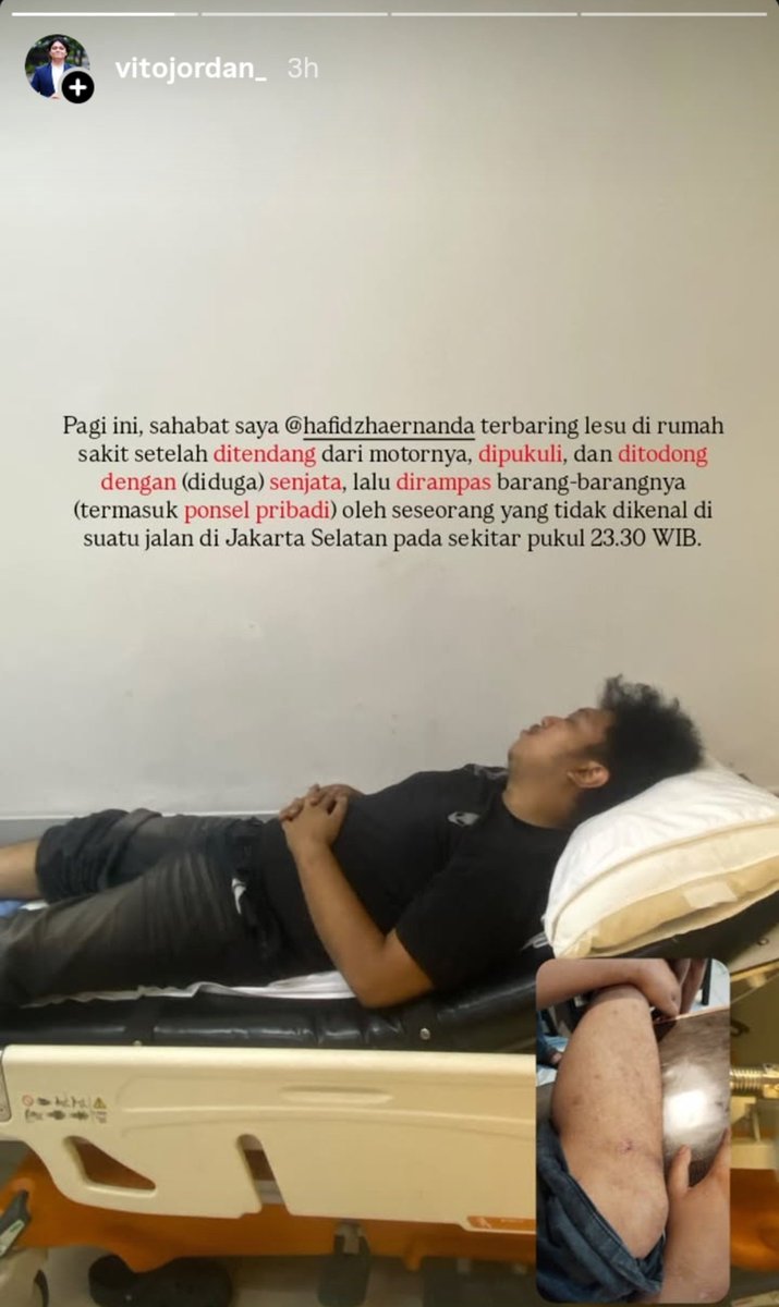 vitojordano's tweet photo. [INTEL MENYERANG MAHASISWA?]

Kawan kami, Hafidz Haernanda, Koordinator Bidang Sosial Politik BEM UI, diserang oleh seseorang yang tidak dikenal di Jakarta Selatan tadi malam (4 Okt). Ia ditendang dari motor, dipukuli, ditodong dengan (dugaan) senjata, lalu dirampas ponselnya. https://t.co/P4MRoSxkBT