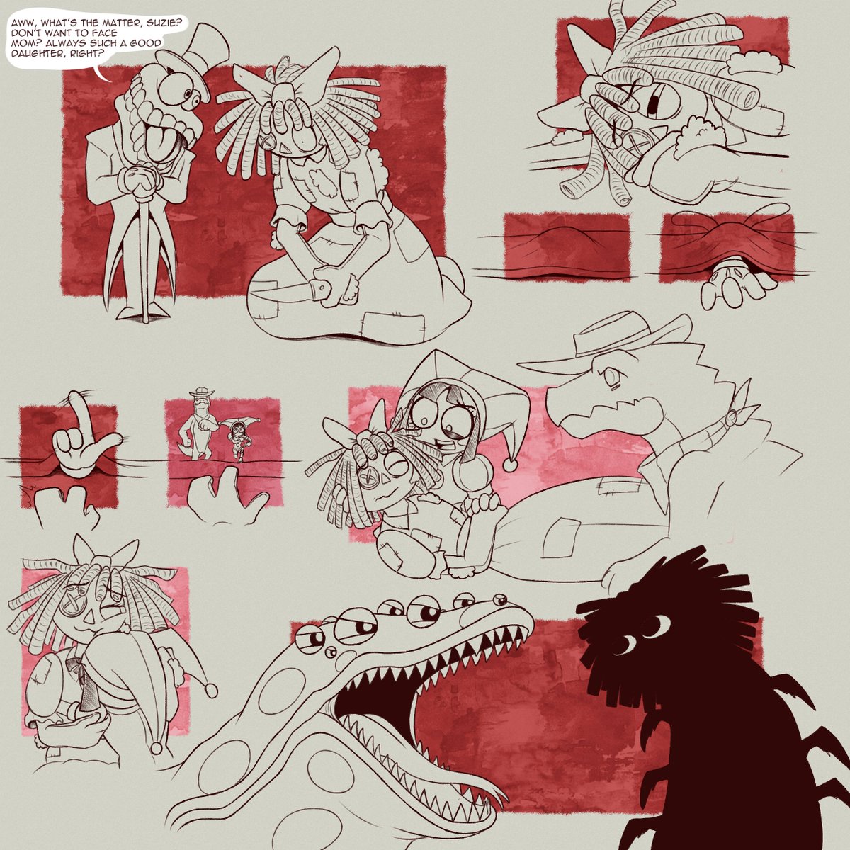 DoragonRayen's tweet photo. A few months ago, I had a dream where Ragatha was kidnapped by Eniac (an OC that isn't mine XD) and he tried to make her abstract using memories of her mother; in the end, Pomni and Gummigoo rescued her XD.

#TADC #Pomni #Ragatha #Ragapom https://t.co/NC5WIHB7Hg