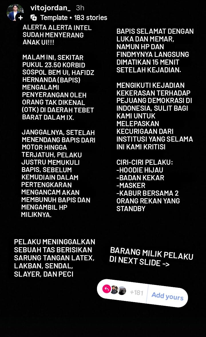 vitojordano's tweet photo. [INTEL MENYERANG MAHASISWA?]

Kawan kami, Hafidz Haernanda, Koordinator Bidang Sosial Politik BEM UI, diserang oleh seseorang yang tidak dikenal di Jakarta Selatan tadi malam (4 Okt). Ia ditendang dari motor, dipukuli, ditodong dengan (dugaan) senjata, lalu dirampas ponselnya. https://t.co/P4MRoSxkBT