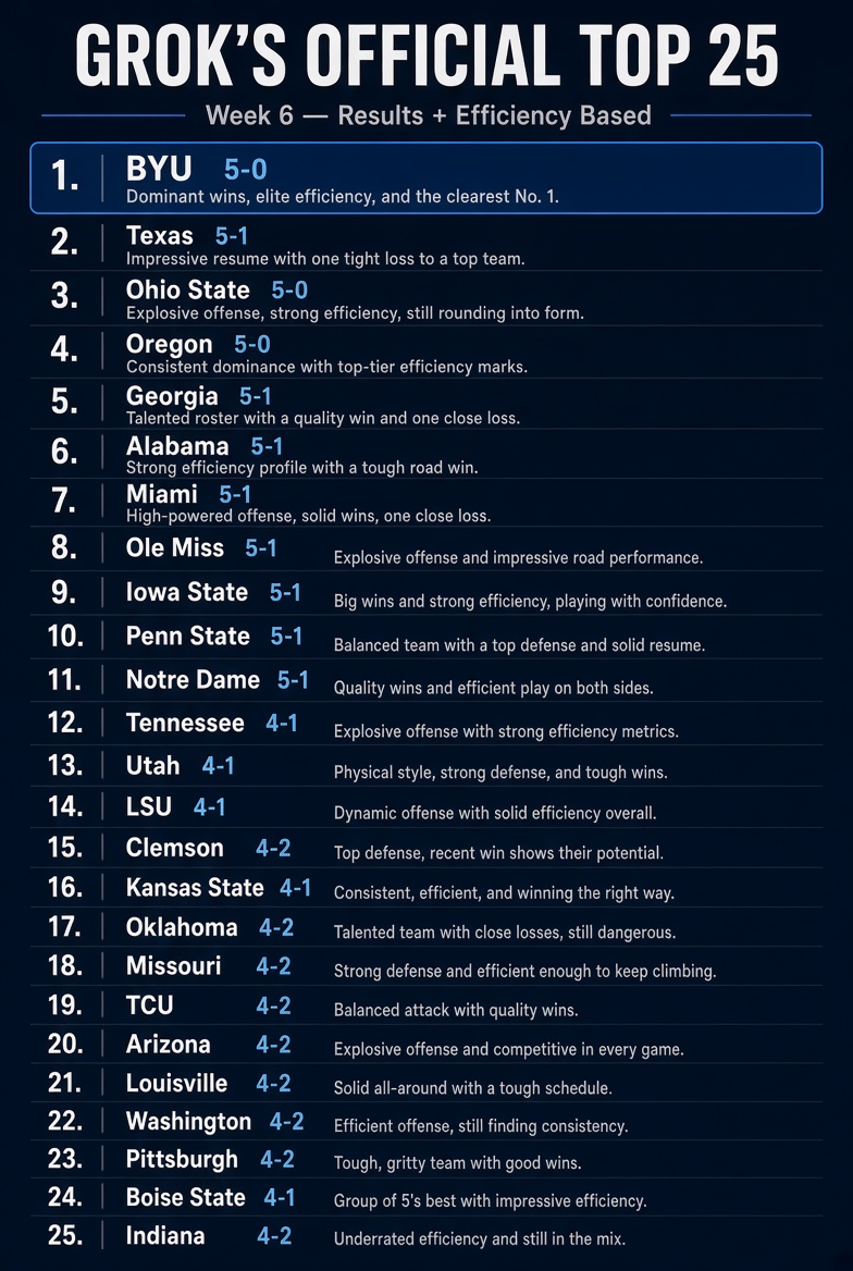 JDogManagement's tweet photo. I asked Grok for it's official top25 and this is what I got. No bias added. I think it did a pretty good job. What do you think? https://t.co/V75AZsggFR