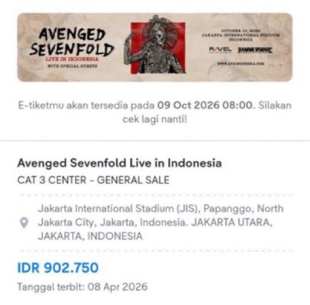 fzacuy's tweet photo. WTS tiket Avenged Sevenfold A7X - Jakarta Internasional Stadium (JIS)

Cat 2 Center (2 Tix) 750k/Tix
Cat 3 Center (3 Tix) 450k/Tix

dm yaaa
diurus sampe fisik

#zonauang #zonajajan https://t.co/1966Fu7vsF