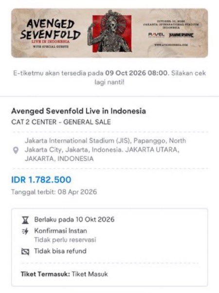 fzacuy's tweet photo. WTS tiket Avenged Sevenfold A7X - Jakarta Internasional Stadium (JIS)

Cat 2 Center (2 Tix) 750k/Tix
Cat 3 Center (3 Tix) 450k/Tix

dm yaaa
diurus sampe fisik

#zonauang #zonajajan https://t.co/1966Fu7vsF