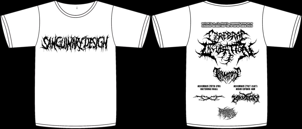 AmputatedVein's tweet photo. 【10月15日販売終了】
※フェイスタオルとTシャツの会場販売分は価格が高くなります。

Sanguinary Design Vol.06
CEREBRAL INCUBATION Tokyo Japan Show 2026 with Slamming Guest TRAUMATOMY

前売りチケット＆アップグレード販売中。
※アップグレードは10月15日販売終了となります。
※ドリンク代は別途必要となります。

お買い求めはAmputated Vein Records Online Storeにて。
https://t.co/YErGlUCFtC

以下それぞれのチケット等へのダイレクトリンクとなります。

----------------------------------------------------------------

【2026年11月20日（金）初台WALL】
出演 Cerebral Incubation（NV,USA）、Traumatomy（Russia）、DC
開場 17:30 / 開演 18:00 / 終演 21:00

●一般チケット　8,500円（税込）
※投げ銭システムなので、支援金をプラスしていただける方は金額を書き換えてカートに入れてください。
https://t.co/eenWsbbZfG

●20歳以下チケット　3,000円（税込）
※入場時に要身分証明書提示
https://t.co/cJUZbfBFy4

●障がい者割引チケット　5,500円（税込）
※入場時に要障がい者手帳提示
https://t.co/X0lJxFwA7u

★7大特典付きアップグレード　チケット代＋7,500円（税込）
※14:15に会場に来られる方
①フルカラーフェイスタオル（オリジナルデザイン / サイズ340×850mm / 国内生産）進呈
②リハーサル見学
③A3ポスター進呈
④バックステージパス進呈（バックステージには立ち入りできません）
⑤Cerebral IncubationとTraumatomyとDCのセットリスト進呈（交渉中）
⑥当日のタイムテーブル進呈
⑦優先入場
https://t.co/Fkp0258RxJ

----------------------------------------------------------------

【2026年11月21日（土）西永福JAM】
出演 Cerebral Incubation（NV,USA）、Traumatomy（Russia）、Kruelty
開場 17:30 / 開演 18:00 / 終演 21:00

●一般チケット　8,500円（税込）
※投げ銭システムなので、支援金をプラスしていただける方は金額を書き換えてカートに入れてください。
https://t.co/hTOrfWJKaS

●20歳以下チケット　3,000円（税込）
※入場時に要身分証明書提示
https://t.co/IY0NhVnBPo

●障がい者割引チケット　5,500円（税込）
※入場時に要障がい者手帳提示
https://t.co/Pvyhgvyxzg

★7大特典付きアップグレード　チケット代＋7,500円（税込）
※14:15に会場に来られる方
①フルカラーフェイスタオル（オリジナルデザイン / サイズ340×850mm / 国内生産）進呈
②リハーサル見学
③A3ポスター進呈
④バックステージパス進呈（バックステージには立ち入りできません）
⑤Cerebral IncubationとTraumatomyとKrueltyのセットリスト進呈（交渉中）
⑥当日のタイムテーブル進呈
⑦優先入場
https://t.co/oqpuCcWY3W

----------------------------------------------------------------

【イベントアップグレードオプション】

★フェイスタオル付きアップグレード　チケット代＋3,500円（税込）
https://t.co/IjHds50649

★ブラックTシャツ付きアップグレード　チケット代＋5,000円（税込）
●Mサイズ
https://t.co/UNa8d57Aps

●Lサイズ
https://t.co/bJ1wYkvZwI

●XLサイズ
https://t.co/CXOmp1bELF

●XXLサイズ
https://t.co/PeaNHVLjo7

★バニラホワイトTシャツ付きアップグレード　チケット代＋5,000円（税込）
●Mサイズ
https://t.co/kQGRVGezTT

●Lサイズ
https://t.co/DPL38yPMDn

●XLサイズ
https://t.co/f58vzUv01q

●XXLサイズ
https://t.co/1wpACJVXga

----------------------------------------------------------------

一般前売りチケットは20日はDCさん @DC110STYLE とWALLさん @LIVEHOUSE_WALL 、21日はKrueltyさん @krueltyjphc とJAMさん @nishieifukuJAM でも取り置きできます。

よろしくお願いいたします。