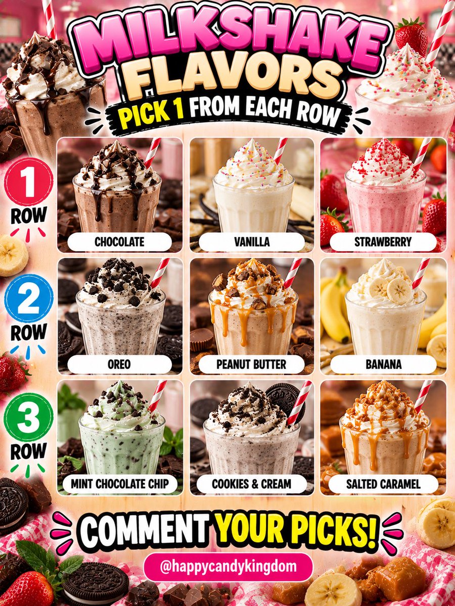 happycandyking's tweet photo. 🥤 Pick 1 from each row — Milkshake Flavors edition!

Row 1: Chocolate, Vanilla, or Strawberry
Row 2: Oreo, Peanut Butter, or Banana
Row 3: Mint Chocolate Chip, Cookies &amp; Cream, or Salted Caramel

#MilkshakeFlavors #DessertLovers #SweetTreats https://t.co/E8Z6Ya3d9u