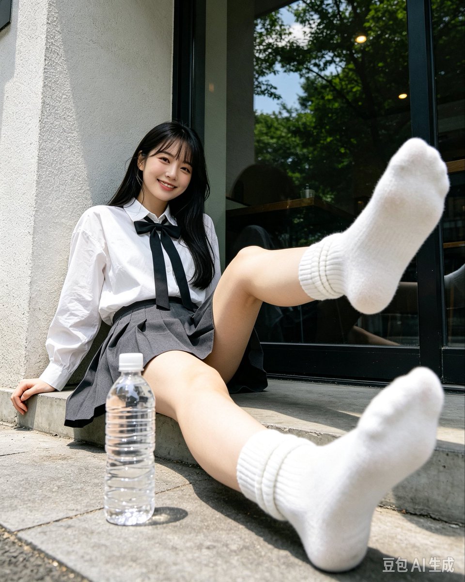 tigerr3aue's tweet photo. 提示词：

超写实复古数码相机 / CCD 户外抓拍摄影，竖版约 4:5。一名明确成年的东亚女性，25+，穿成人学院风搭配，坐在建筑外墙与落地玻璃窗旁的低矮水泥平台 / 台阶上。摄影机几乎贴近地面，位于人物双腿之间略偏左的位置，使用约 18–22mm 超广角镜头近距离仰拍，产生非常明显的近大远小透视；双腿和穿白袜的脚占据画面前景大面积区域，人物脸部位于画面左上方较远位置。

人物为纤细匀称但大腿有自然柔软体积的成年女性体型，肩部偏窄，腰部自然收束，髋部柔和，大腿修长。留乌黑色超长直发，长度到胸下，头发自然披散，额前为轻薄碎齐刘海，几缕发丝贴在脸侧。脸型偏小巧鹅蛋形，肤色自然白皙，妆容极淡：自然眉形、细眼线、浅粉腮红、裸粉色唇妆。她看向镜头，露出非常自然的开朗笑容，牙齿可见，神情轻松、像朋友临时抓拍。

上身穿白色宽松长袖衬衫，翻领设计，袖子自然堆积褶皱，领口系一只尺寸较大的黑色蝴蝶结 / 宽黑色领结，两条长飘带垂在胸前。衣服为成年女性的学院风时尚穿搭，不要真实未成年校服感。

下身穿深灰色短款百褶裙，面料略厚，褶线清晰，坐姿时裙摆自然展开并形成大量折叠纹理。双腿裸露，不穿丝袜。

脚穿一双非常关键的纯白色中筒棉袜 / 堆堆袜，袜筒到小腿中下段，材质厚实柔软，脚踝处有明显自然堆叠褶皱。不穿鞋，两只脚完全由白色袜子包裹。

姿势严格还原：人物坐低或半倚靠在墙边，两条腿向镜头方向大幅张开并高高屈膝。画面左侧一条腿斜向左下方伸向镜头，穿白袜的脚距离镜头最近，被广角明显放大；另一条腿从身体右侧高高抬起，膝盖位于画面右上区域，小腿垂向镜头，另一只白袜脚同样靠近镜头。两只脚前后错层，不要对称摆放。人物一只手撑在身体左后方地面，帮助支撑身体，上半身略后仰。

画面最前方中央放着一只透明塑料矿泉水瓶，瓶内装大半瓶清水，白色瓶盖，瓶身距离镜头极近而明显放大，略微倾斜，成为前景的重要视觉元素。水瓶部分遮挡人物裙摆和双腿之间区域。

场景位于城市建筑外侧 / 咖啡店或住宅外廊。人物背后左侧是浅灰白色粗糙墙面，右侧是一整块深色落地玻璃窗，玻璃反射树木、天空和附近环境；上方可看到绿色树冠和明亮天空，阳光从玻璃附近进入。地面为灰色水泥 / 石材，带轻微灰尘和真实使用痕迹。

摄影质感必须非常接近 2000s 便携数码相机、一次性胶片机或早期 CCD 广角快照：明显超广角边缘畸变、四角轻微暗角、轻微色散和红蓝边、边缘清晰度下降、少量运动模糊、有限动态范围、局部高光过曝、轻微颗粒和压缩感。人物和前景受到正面小型机顶闪光 / 数码相机直闪提亮，皮肤和白袜略微发亮，而背景更暗。

整体不要商业写真感，要像朋友坐在她脚边，突然用老数码相机近距离拍下一张带有夸张透视的生活照片。

重点锁定：明确成年东亚女性＋乌黑超长直发＋碎齐刘海＋自然露齿笑＋白色长袖衬衫＋超大黑色蝴蝶结＋深灰短百褶裙＋裸腿＋纯白厚棉中筒堆堆袜＋不穿鞋＋双腿朝镜头大幅屈起展开＋两只白袜脚极靠近镜头＋透明矿泉水瓶位于最前景中央＋18–22mm超广角＋地面级低机位仰拍＋强近大远小＋玻璃窗和树木反射＋CCD直闪＋明显暗角和色散。

避免：未成年人、真实中学生、丝袜、高跟鞋、运动鞋、长靴、黑袜、双腿并拢、站姿、正常平视机位、长焦压缩、干净商业棚拍、奶油虚化、电影感调色、过度锐利、完美无畸变画面、动漫脸、CG感、塑料皮肤、多余腿、多余脚、脚部融合、畸形手指、水印和乱码文字。

已按你锁定的低机位超广角、白袜前景、矿泉水瓶和 CCD 直闪质感生成。
如果你要继续，我建议下一步只微调一个重点：要么把前景脚部和水瓶的广角压迫感再加强，要么把人物表情、发丝和衬衫褶皱做得更像真实抓拍。