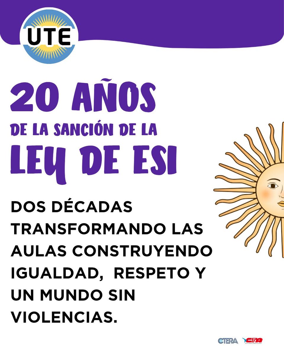utectera's tweet photo. Hoy la Ley de Educación Sexual Integral (ESI) cumple 20 años transformando las aulas, construyendo igualdad, respeto y un mundo sin violencias. https://t.co/VF7uoYUxdX