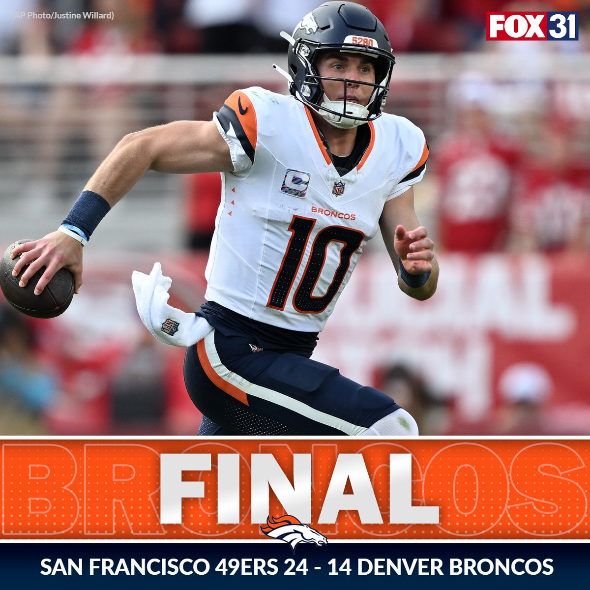 KDVR's tweet photo. San Francisco 49ers secured a 24-14 victory over the Denver Broncos on Sunday. https://t.co/gQLGtJmaR5