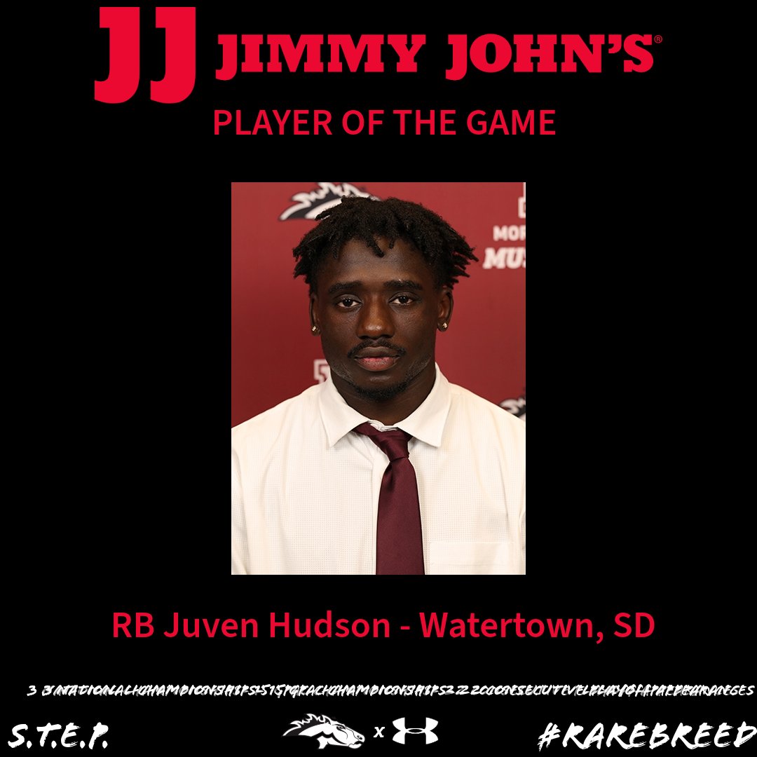 MsideFootball's tweet photo. Congrats to our week 5 award winners vs Dakota Wesleyan. Presented by @jimmyjohns 
Player of the game: Juven Hudson
Defensive Scout: Jace Hutchinson
Offensive Scout: Chase Koehler
Position Group of the Week: Running Backs! https://t.co/x6Wz5FYMqZ