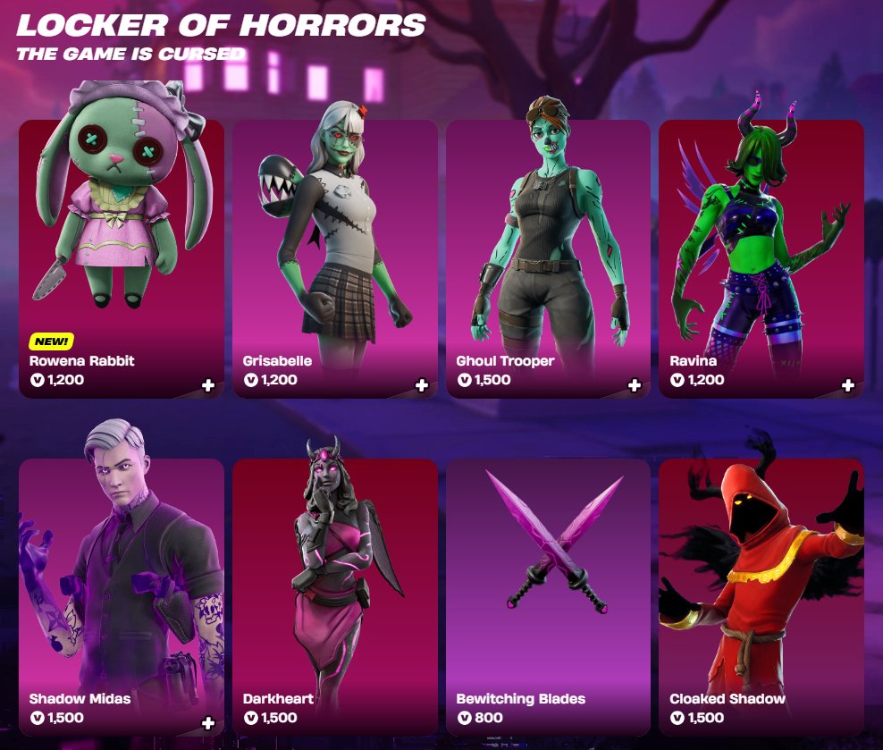 FN_Assist's tweet photo. Rowena Rabbit, Ghoul Trooper, Shadow Midas and more arrive in the Locker of Horrors! 👻

🛒 https://t.co/B51pLFfD0V #EpicPartner https://t.co/z1XAa7KxtL
