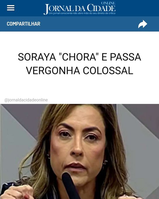 A screenshot from Jornal da Cidade Online showing an article titled "SORAYA 'CHORA' E PASSA VERGONHA COLOSSAL" featuring a close-up of Senator Soraya Thronicke speaking into a microphone, relating to her poor performance in the re-election race for the Mato Grosso do Sul Senate seat.