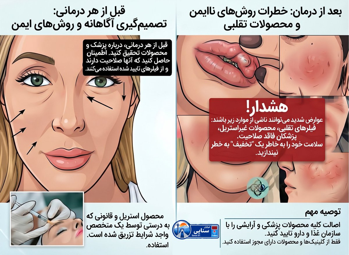 Sanai_Tehran's tweet photo. فیلرِ ارزان اینترنتی شاید جیبت رو برای یه لحظه نجات بده، ولی سلامتی و صورتت رو به خطر می‌اندازه! سازمان غذا و دارو هشدار داده که خرید و تزریق ژل‌های فاقد اصالت از سایت‌های نامعتبر، عوارض جبران‌ناپذیری داره؛ گول این تخفیف‌های فضای مجازی رو نخورید. 
#سلامتی #پوست #زیبایی #تخفیف https://t.co/BsWlzcTvGx