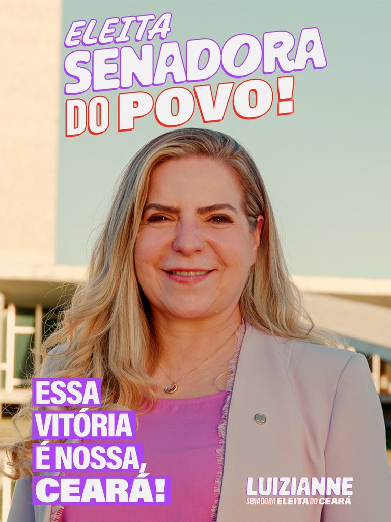 LuizianneLinsCE's tweet photo. ELEITA SENADORA DO POVO DO CEARÁ! 💜

Meu muito obrigada! A cada um de vocês que acreditou, que esteve do nosso lado, que compartilhou nossas propostas, conversou com amigos e familiares e levou o 180 adiante: essa vitória é nossa!

Só tenho a agradecer pela confiança e pela honra de representar o povo cearense no Senado Federal. Vou honrar cada voto com muito trabalho, coragem e compromisso com a nossa gente.

Obrigada, Ceará! 💜

Luizianne Lins, a senadora do povo.