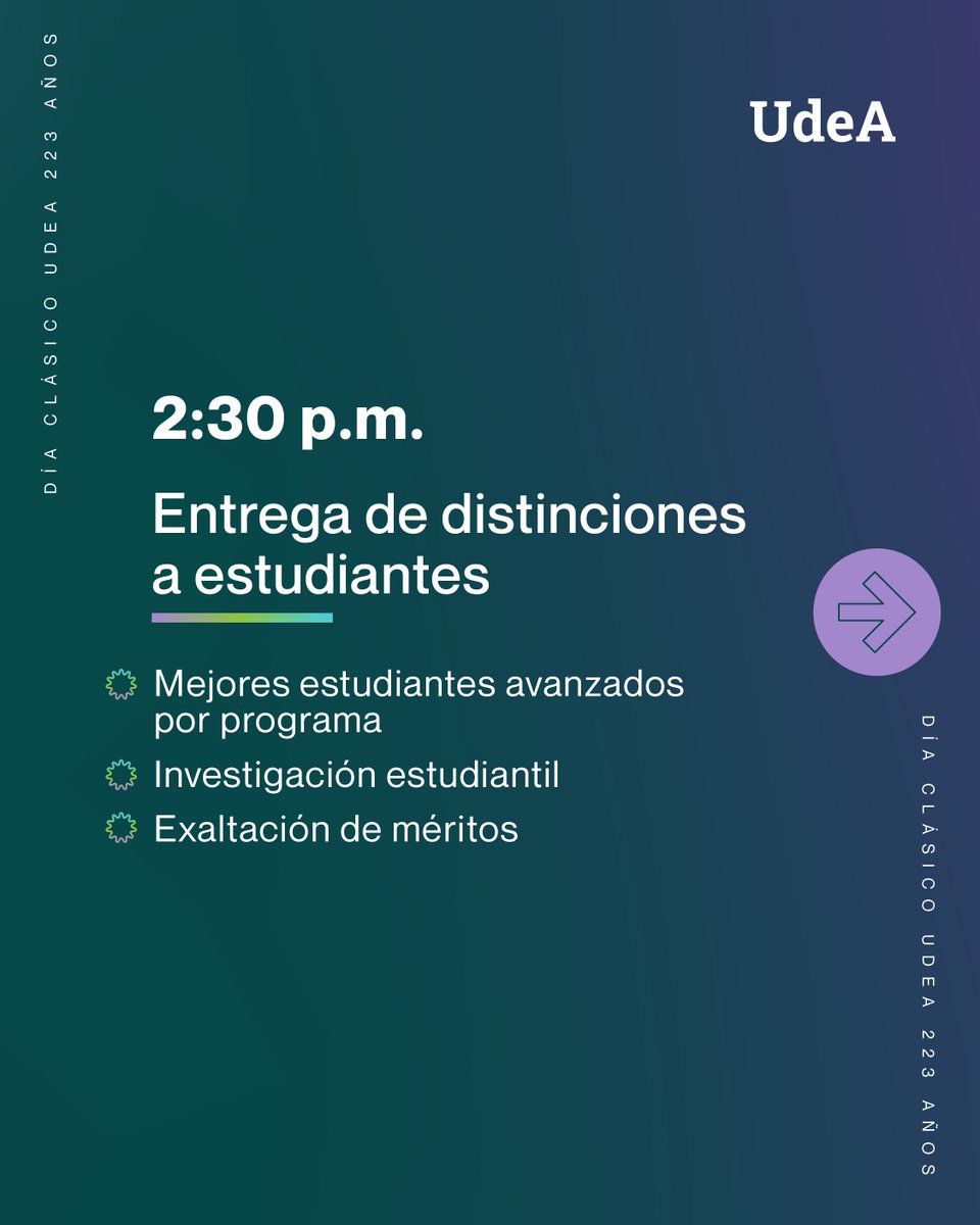 UdeA's tweet photo. 🎉 💚 ¡La #UdeA cumple 223 años y te invitamos a celebrarlo juntos!

La Universidad de Antioquia habita en cada persona que ha sido parte de ella, y por eso este viernes 9 de octubre nos reunimos en el Teatro Universitario Camilo Torres, Campus Medellín, para vivir juntos el #DíaClásicoUdeA.

📍 Esta es la programación:

🕑 2:30 p.m. | Distinciones a estudiantes
Reconoceremos a los mejores estudiantes avanzados por programa, la investigación estudiantil y la exaltación de méritos.
🕓 4:00 p.m. | Distinciones a profesores, empleados y egresados

Entregaremos reconocimientos como la Medalla Francisco José de Caldas, la Distinción Alma Máter, el Mérito Alma Máter y la Distinción José Félix de Restrepo a egresado sobresaliente, entre otros.
🕠 5:30 p.m. | Concierto «Rituales de Unión»
Una noche con la Obertura de La Flauta Mágica de Mozart, el Concierto para 2 Fagotes y Orquesta de Vanhal y la Missa Breve de Jaime León.

💚 Y tú, ¿qué le regalarías a la UdeA en su día? Cuéntanos en los comentarios 👇
¡Te esperamos!