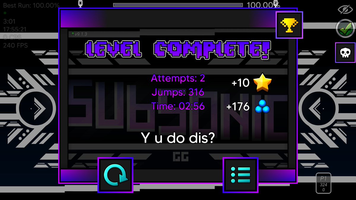 Binsk07's tweet photo. SUBSONIC 100% NUEVO HARDEST
Se convierte también en el nivel que más tiempo e intentos me ha costado, con 13,691 intentos y 23 horas. 
34 muertes a partir del 60% y 73% x9 como peor chokepoint. Sigue la muerte baja en la ladder https://t.co/vPQUJb5gkK