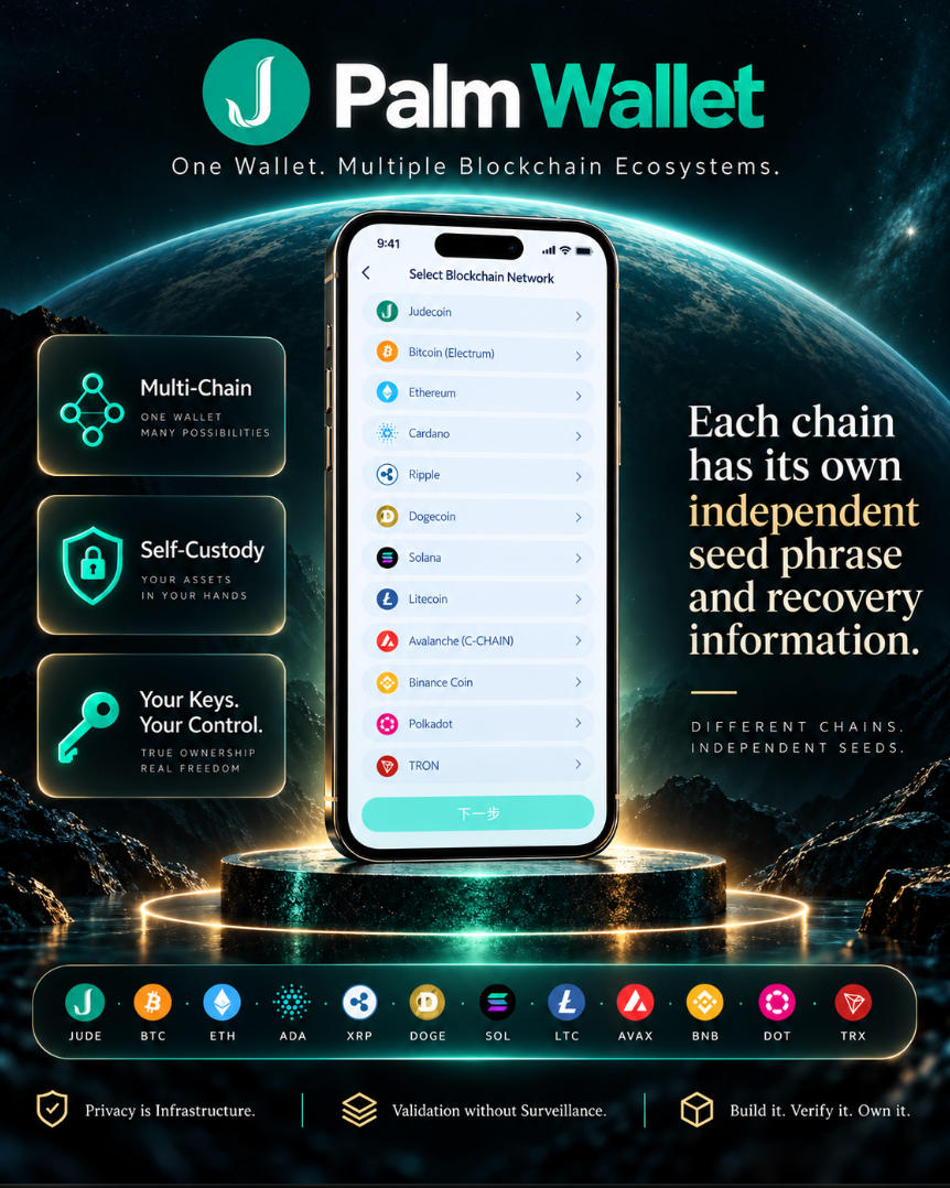 jessica_5777's tweet photo. What I like about Palm Wallet is that it doesn’t simply put multiple chains into one app — it keeps each blockchain independent, with its own seed phrase and recovery information.
That gives users the convenience of a multi-chain wallet without losing the separation and control that self-custody should provide.
Build it. Verify it. Own it.
https://t.co/SQ3RRWBoXS
https://t.co/XcY6VTjmWk
#Judecoin #PalmWallet #SelfCustody #MultiChain #BTC #ETH