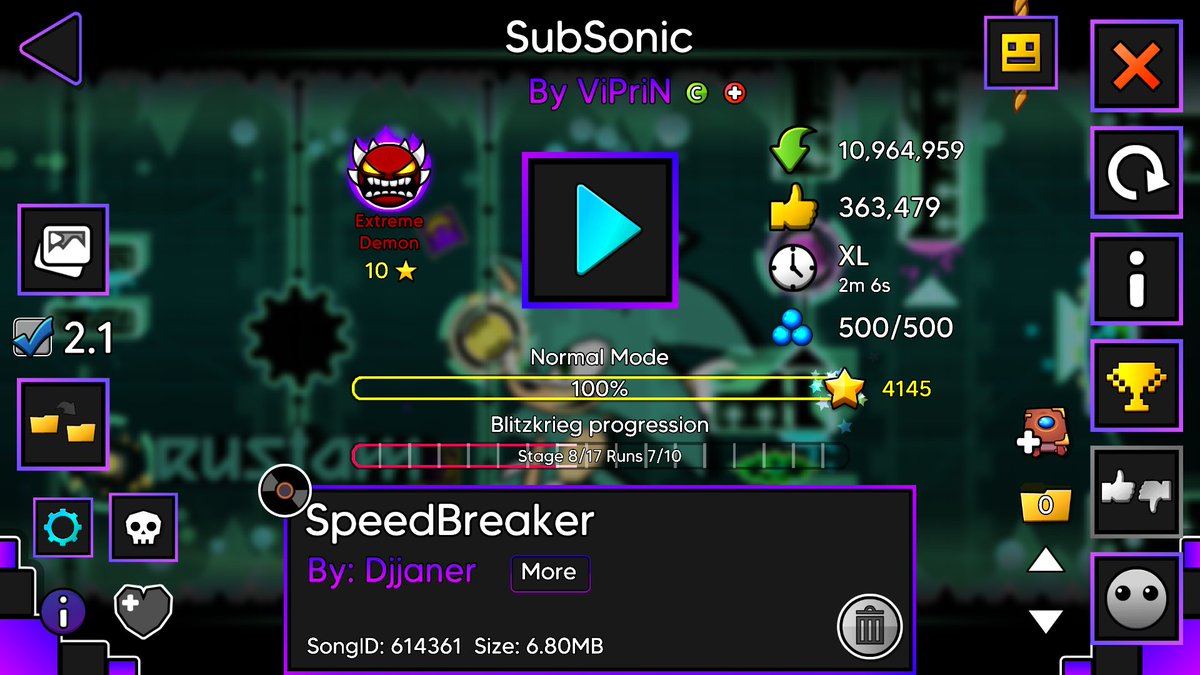 Binsk07's tweet photo. SUBSONIC 100% NUEVO HARDEST
Se convierte también en el nivel que más tiempo e intentos me ha costado, con 13,691 intentos y 23 horas. 
34 muertes a partir del 60% y 73% x9 como peor chokepoint. Sigue la muerte baja en la ladder https://t.co/vPQUJb5gkK
