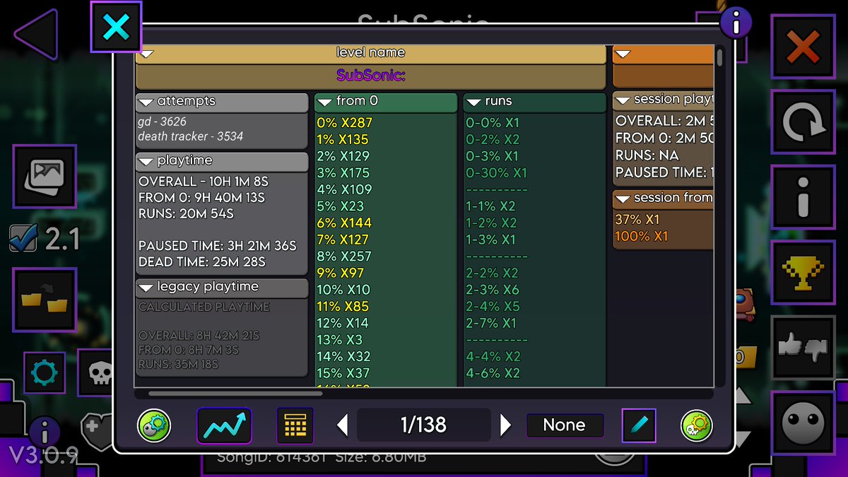 Binsk07's tweet photo. SUBSONIC 100% NUEVO HARDEST
Se convierte también en el nivel que más tiempo e intentos me ha costado, con 13,691 intentos y 23 horas. 
34 muertes a partir del 60% y 73% x9 como peor chokepoint. Sigue la muerte baja en la ladder https://t.co/vPQUJb5gkK
