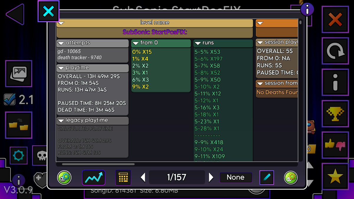Binsk07's tweet photo. SUBSONIC 100% NUEVO HARDEST
Se convierte también en el nivel que más tiempo e intentos me ha costado, con 13,691 intentos y 23 horas. 
34 muertes a partir del 60% y 73% x9 como peor chokepoint. Sigue la muerte baja en la ladder https://t.co/vPQUJb5gkK