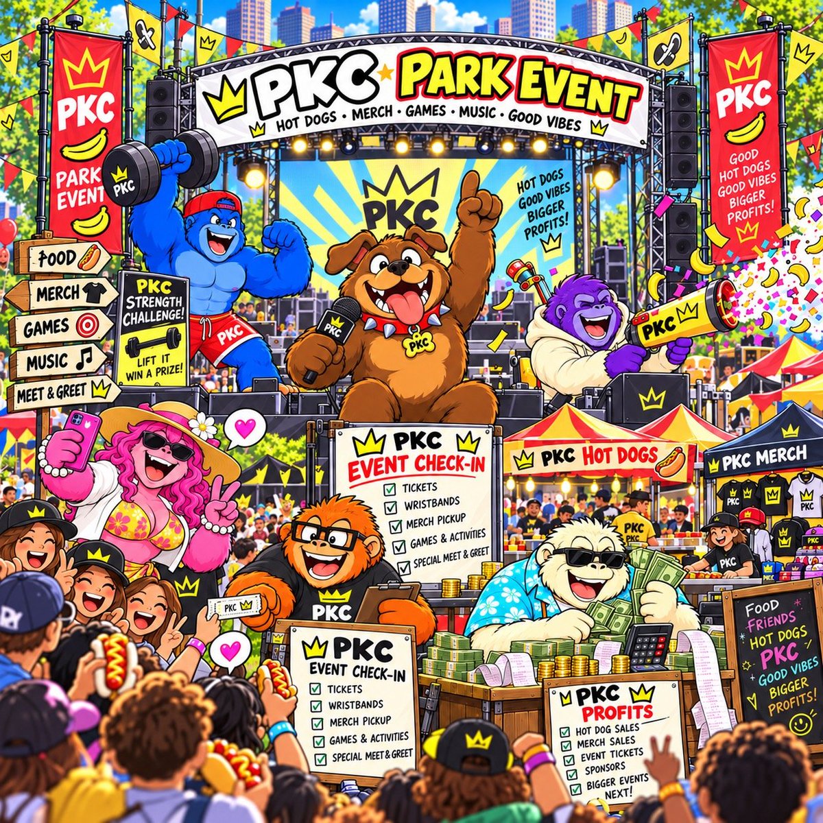 PKC_100's tweet photo. PKC Park Event. 🎤🌭
Muscle lifts, Pink poses, Brain launches chaos, Money Guy counts every ticket.
Orange runs check-in. CEO grabs the mic. 🐶
$PKC — somehow, this became a festival.
#PunkyKongzClub #PKC #punkvism #Solana #MemeCoin https://t.co/uIQAFApkPz