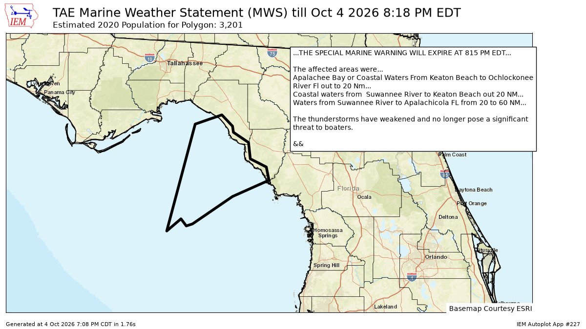 pcbwx's tweet photo. #TAE issues Marine Weather Statement (MWS) at Oct 4, 8:08 PM EDT for 3 forecast zones in [GM] ...THE SPECIAL MARINE WARNING WILL EXPIRE AT 815 PM EDT... https://t.co/102kf35eur https://t.co/iG06DrrNgR
