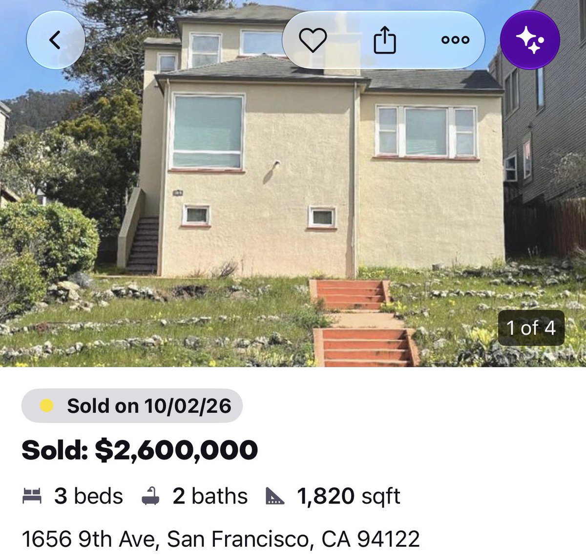 JRTDesk's tweet photo. บ้านสภาพนี้ใน San Francisco เพิ่งมีคนซื้อไป.. $2.6M (87.2 ล้านบาท) 

บ้านสร้างมาตั้งแต่ปี 1940…
ที่ดินพื้นที่ 109 ตารางวา…
พื้นที่ใช้สอยในบ้าน 169 ตารางเมตร.. 
3 ห้องนอน
2 ห้องน้ำ

ซื้อบ้านแล้วแต่ต้องจ่ายภาษี property tax ปีละ $23,279 (780,544 บาท) https://t.co/guoKDk8BBJ