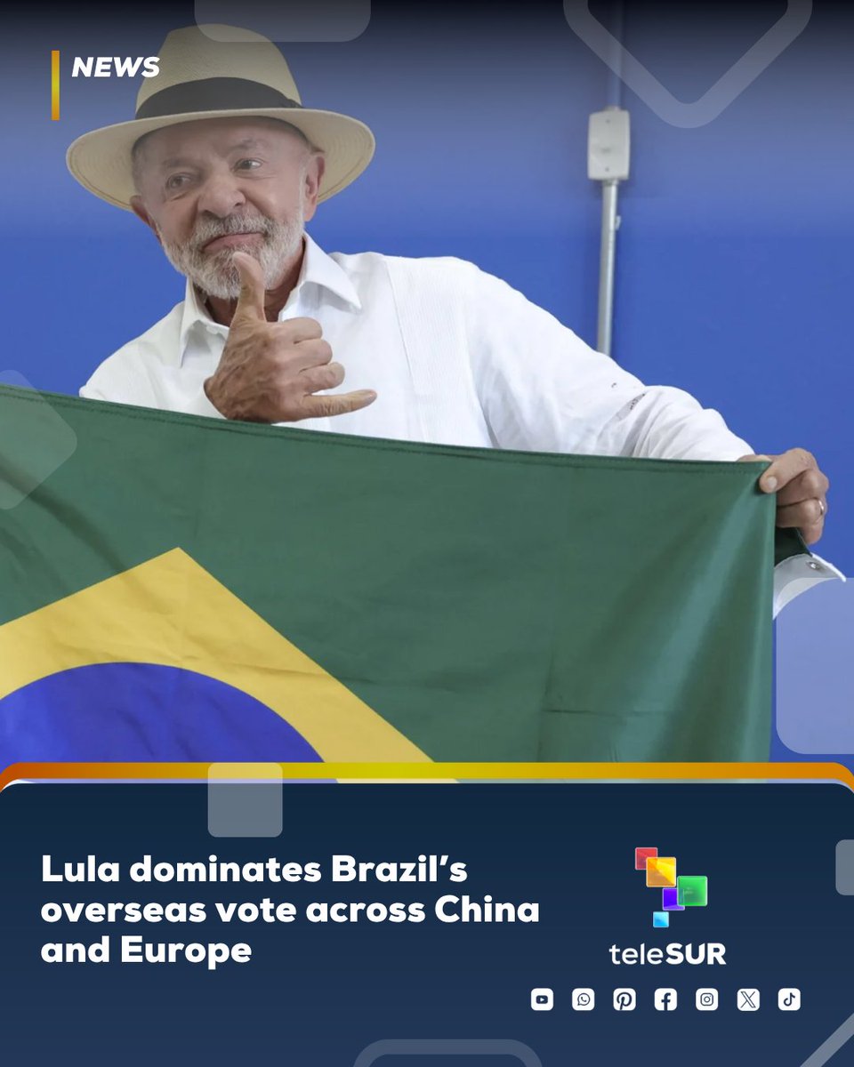 telesurenglish's tweet photo. #BrazilElections | Lula led Brazil’s overseas vote across much of Asia, Europe and Oceania, taking 65.7% in mainland China against Flávio Bolsonaro’s 24%.
Lula also led in Portugal, Australia and New Zealand as Brazil’s nationwide count continues.
#BrazilVotes #Elections2026 #teleSUREnglish