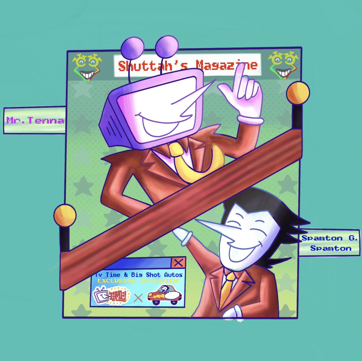 WoopeeW24698's tweet photo. Day 4: Magazine Cover
Re-workshopped an idea for a poster to fit today’s theme! This is my first post for #spamtennatober26, hopefully I’ll be able to make more soon. But this one is based off of the Z-Rank room! #spamtenna #deltarune #tenna #spamton https://t.co/5oOWMiKeD8