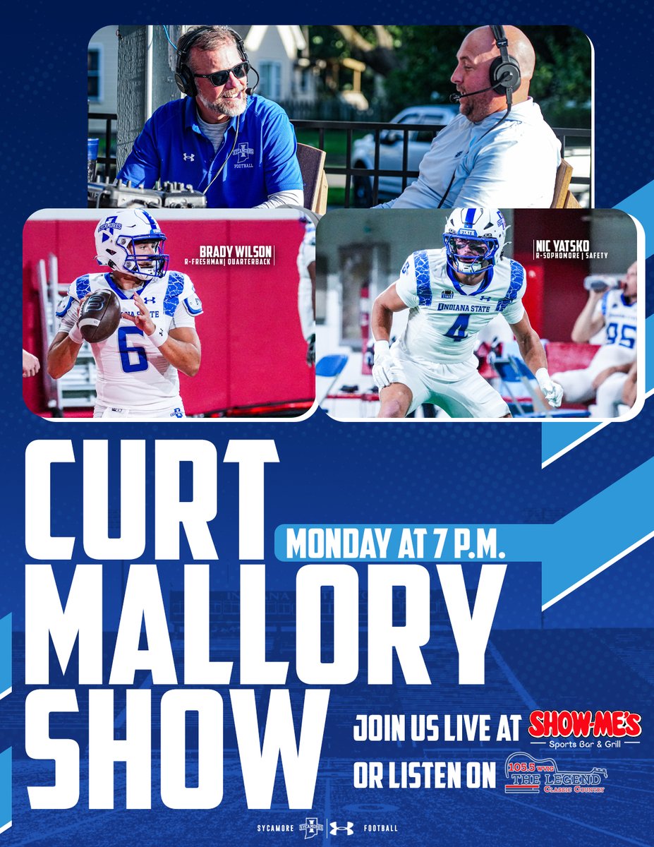IndStFB's tweet photo. We've got the @CmalryMallory Show tonight back at Show-Me's and on @1055WVIG.

Come out early with special guests @bradywilson_6 and @nic_yatsko 

https://t.co/d6vp13EJk2

#MarchOn | #LeaveNoDoubt https://t.co/s7aJf2BtNq