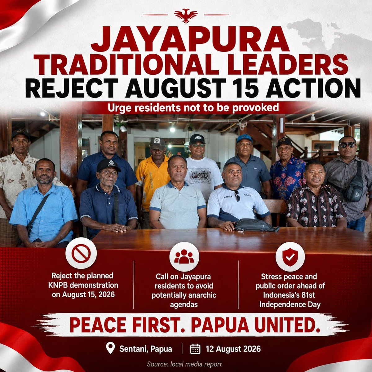 akuria448927's tweet photo. Jayapura traditional leaders reject august 15 Action
#papuabangga #permika #vietnam #papuaindonesia https://t.co/1H49oHXfHU