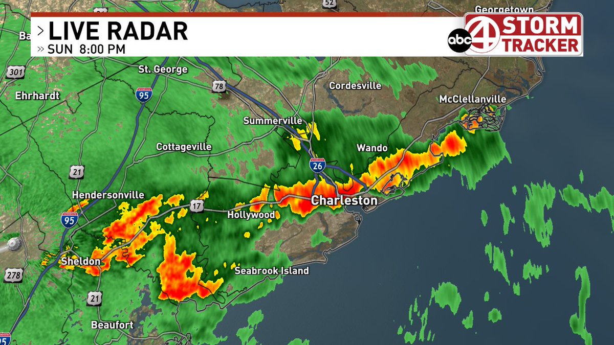 SeaverWX's tweet photo. Flash Flood Warning for Charleston and Eastern Berkeley Counties.

Heavy rain of 2-3” has fallen already with more rain on the way. Make sure to be extra careful if driving tonight and remember to never drive through a flooded road. https://t.co/hCVVtRkOvy