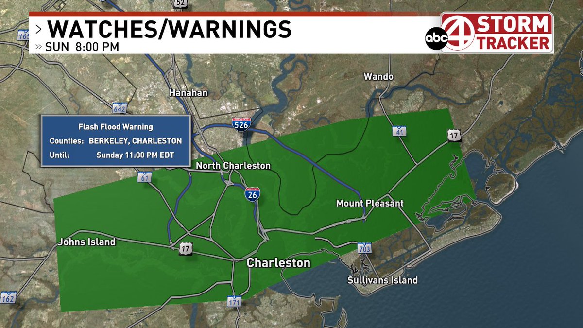 SeaverWX's tweet photo. Flash Flood Warning for Charleston and Eastern Berkeley Counties.

Heavy rain of 2-3” has fallen already with more rain on the way. Make sure to be extra careful if driving tonight and remember to never drive through a flooded road. https://t.co/hCVVtRkOvy