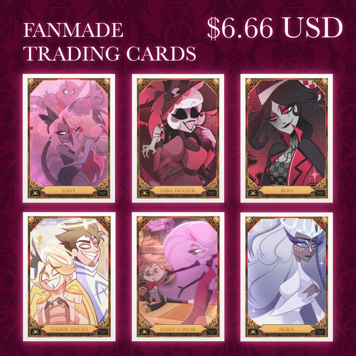 clownyblitz's tweet photo. Fanmade Trading Cards are available now on my ACGGOODS store! They are $6.66 each, and any support is highly appreciated (▰˘◡˘▰) They all have a silvery paper holographic and are about the same size as the official trading cards! 
#hazbinhotel #hazbinhotelfanart https://t.co/4SBtEy5Mt9